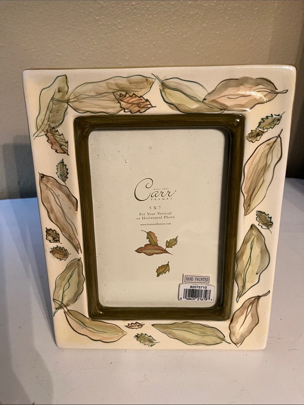 Vtg Carr hand painted leaf ceramic picture frame green cream 5X7